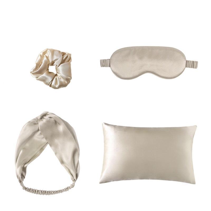 Satin sleep set in champagne: scrunchie, double-sided eye mask, hair band and pillowcase