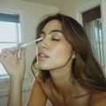 Brushing upper lashes onto the lift rod at a bathroom mirror