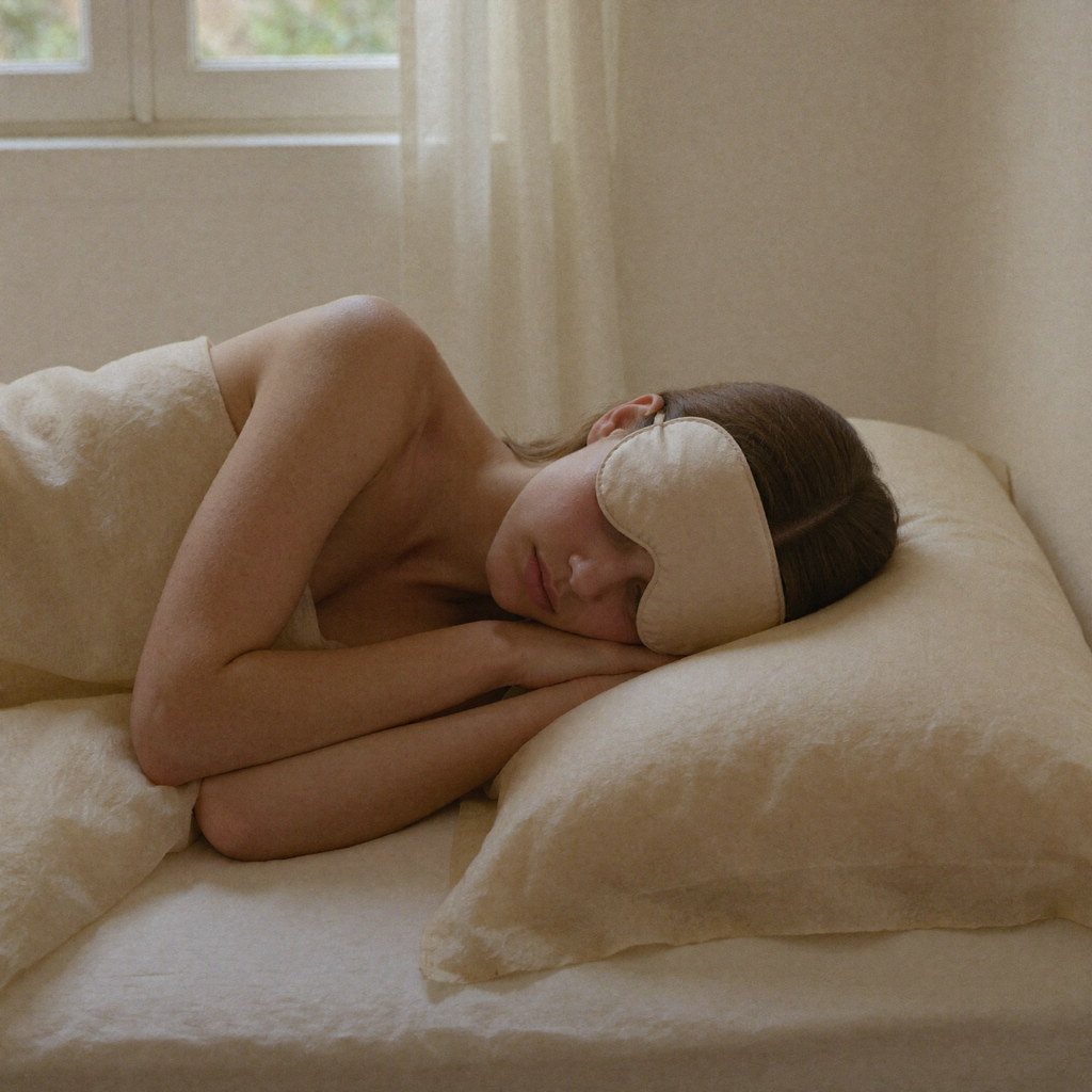 Asleep on the satin pillowcase with the mask pushed up on the forehead