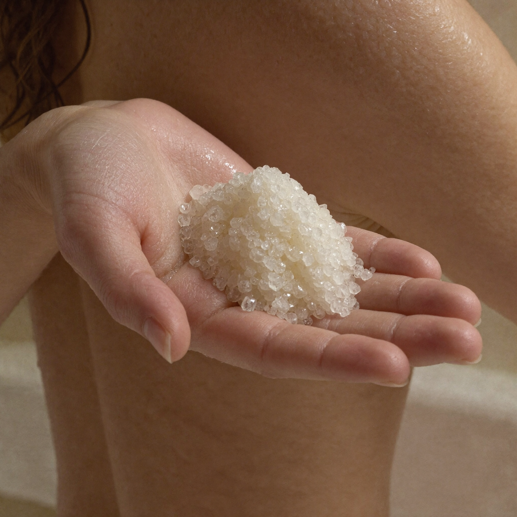 A scoop of coarse sea salt scrub held in an open palm