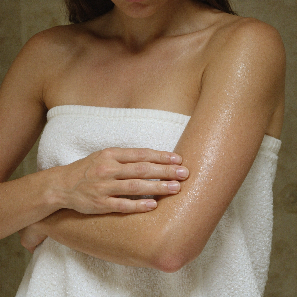 Scrub worked along the forearm and elbow after a shower