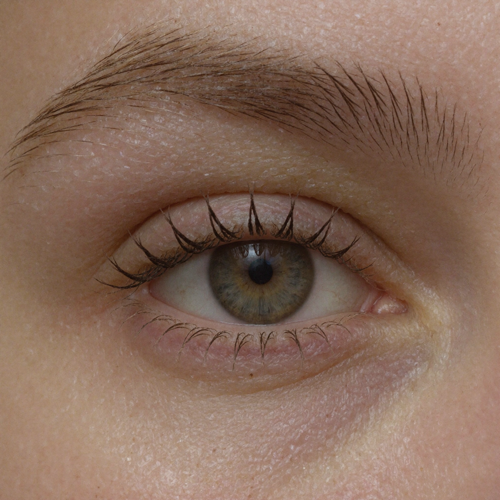 Close up of lifted lashes, no mascara