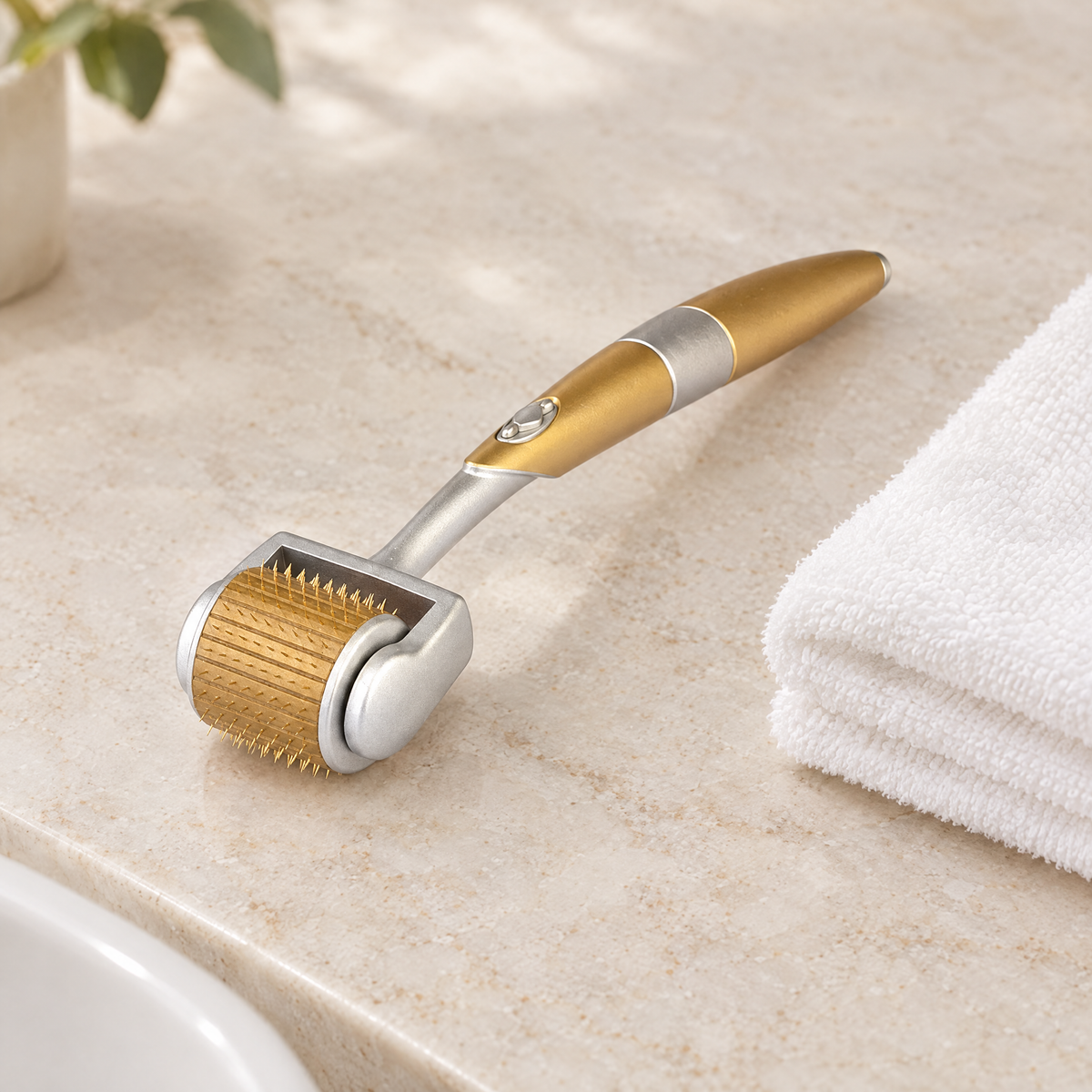 The roller on a bathroom counter, showing the needle head