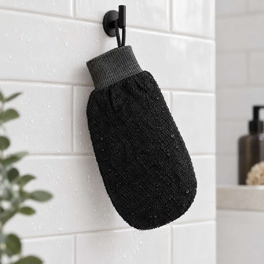 The mitt hanging to dry on a shower hook