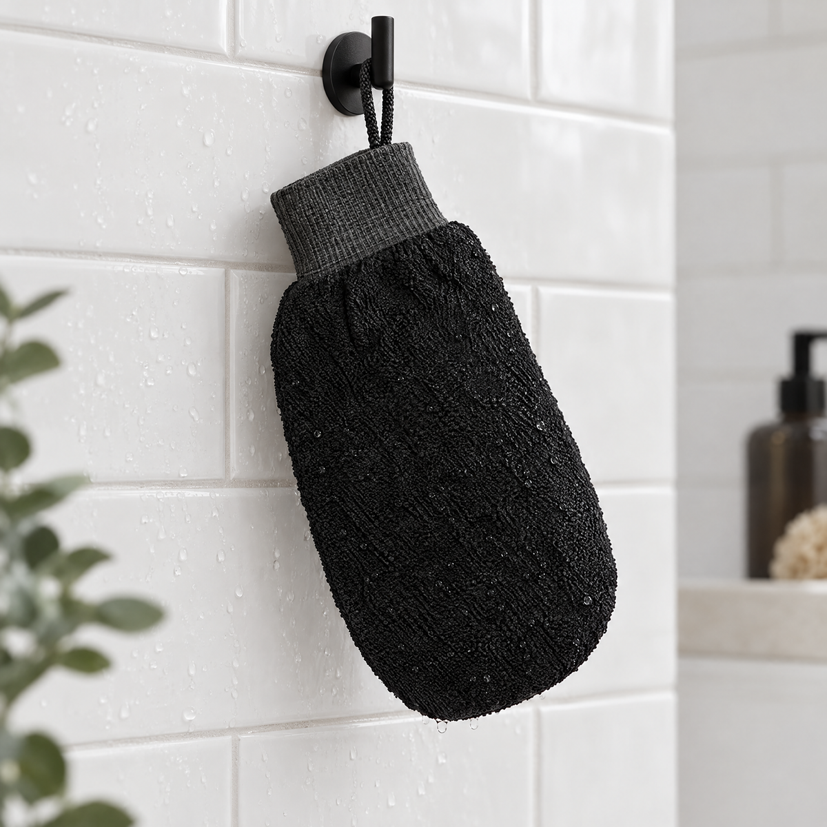 The mitt hanging to dry on a shower hook