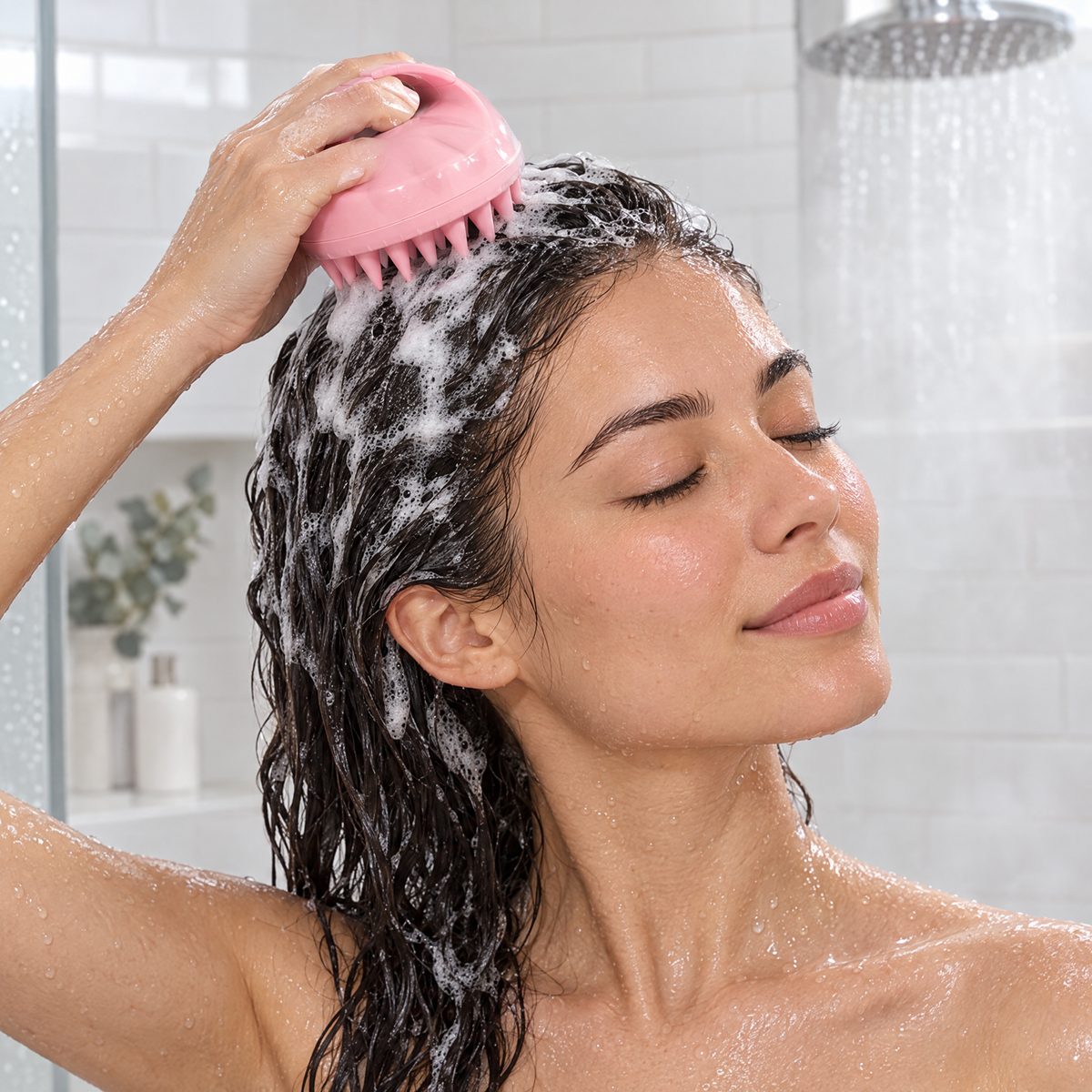 Working the brush through lathered hair in the shower